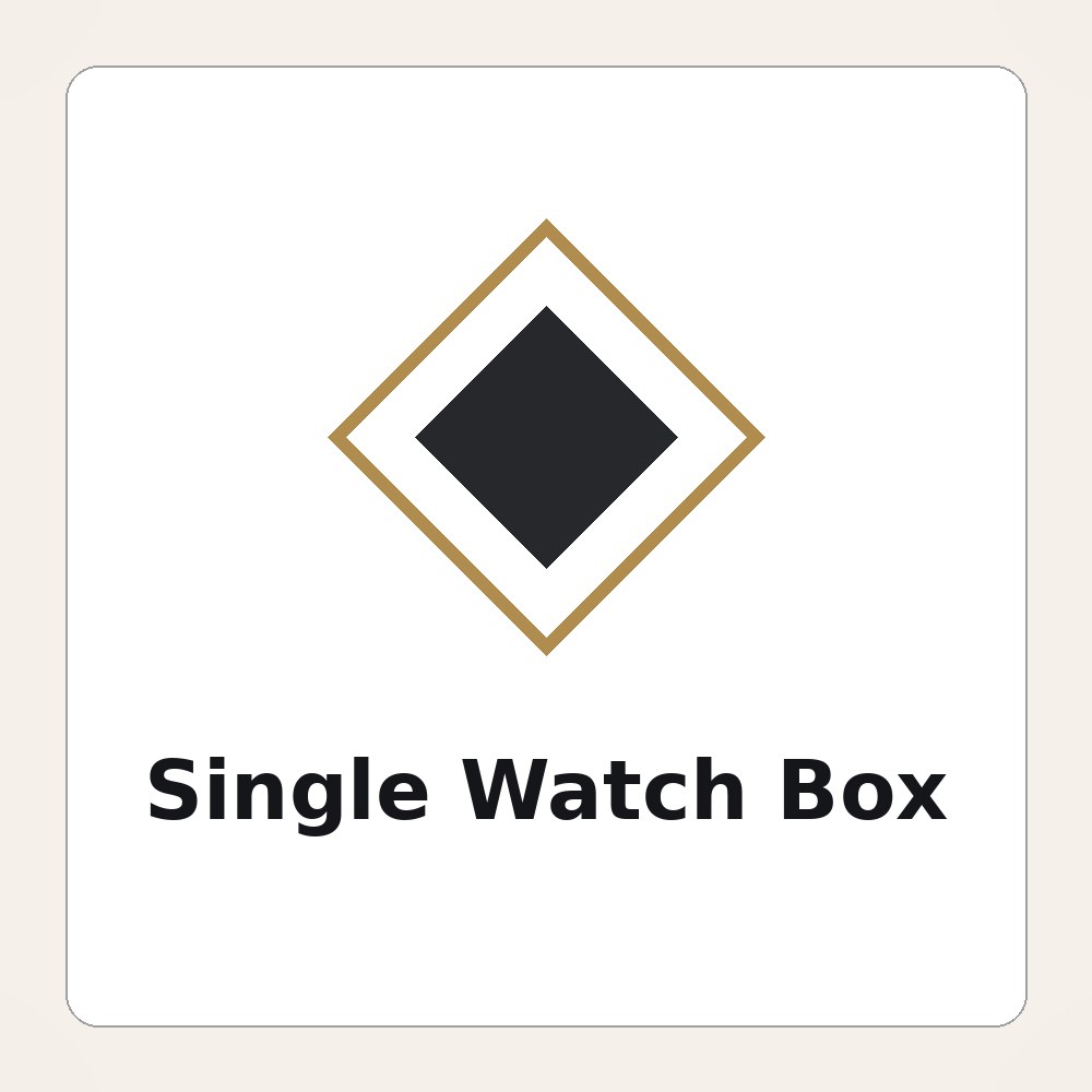 Foil-stamped single watch box with a generic microbrand logo, cushion, and hinged lid