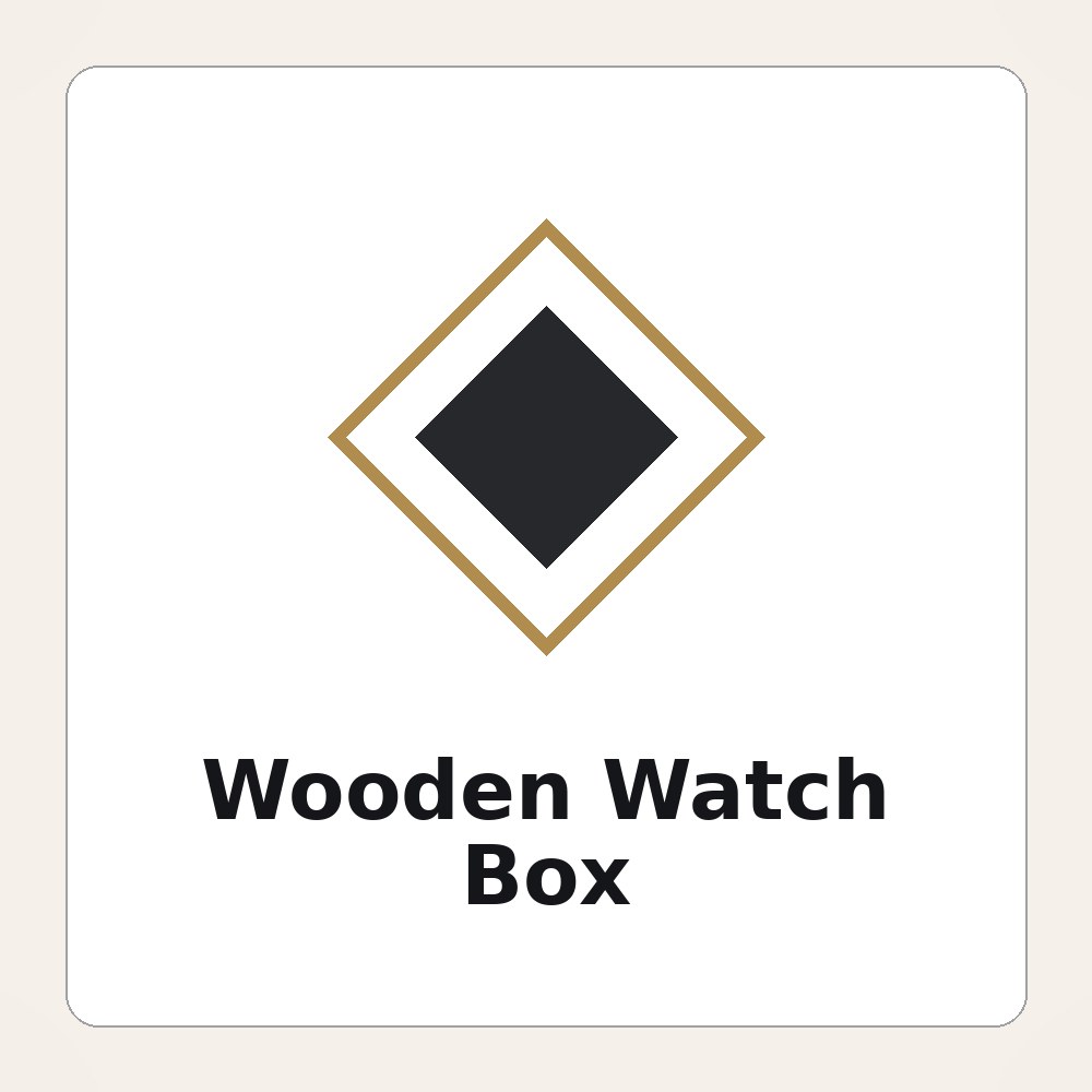 Solid wood watch box with an engraved generic brand logo and a glass-top lid